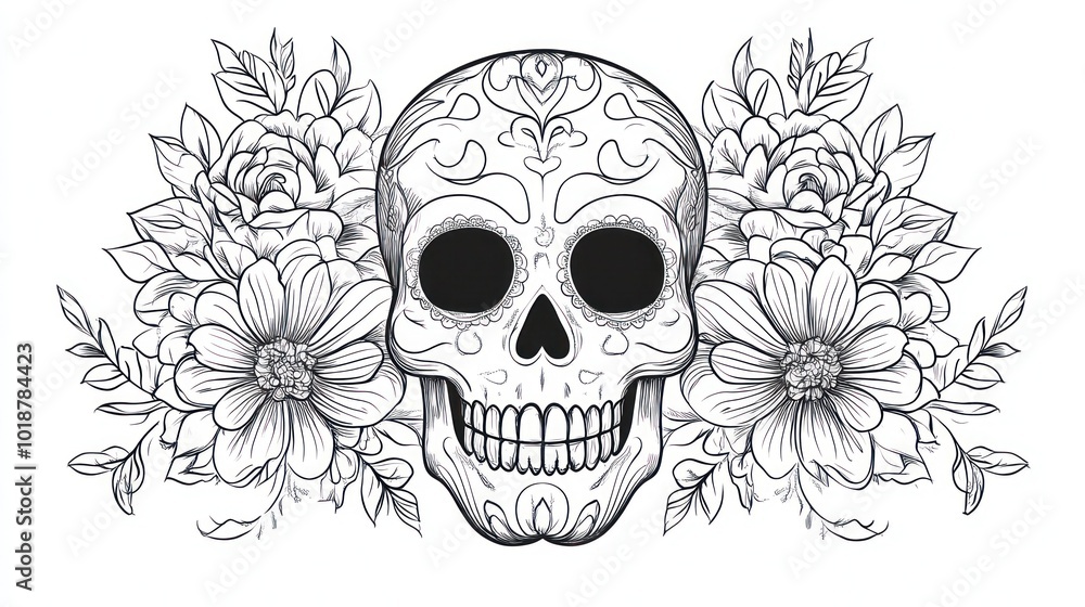 Obraz premium Sugar Skull with Flowers