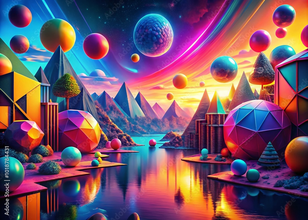 Futuristic abstract landscape with vibrant colors and geometric shapes in a digital space environment Futuristic abstract landscape with vibrant colors and geometric shapes in a digital space environment