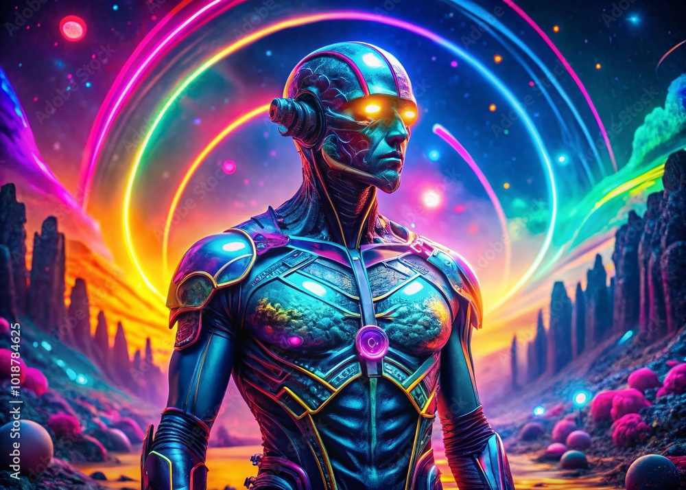 Naklejka premium Futuristic Andromorph Character in a Sci-Fi Landscape with Neon Colors and Abstract Elements