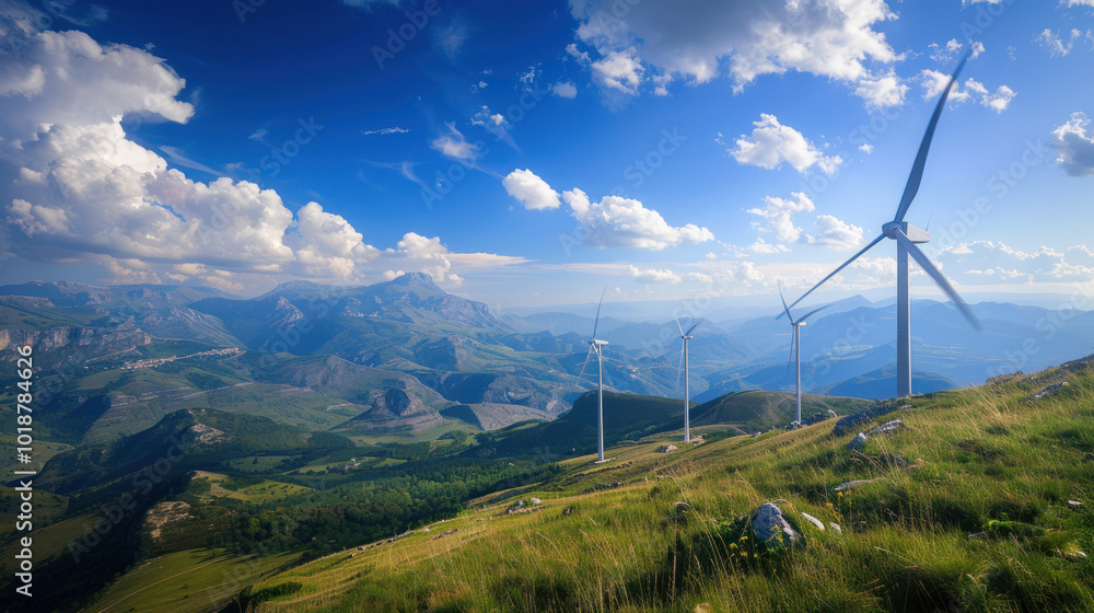 Wind turbines in the mountains, generating renewable energy for nearby towns, with blue skies and pristine natural beauty Wind turbines in the mountains, generating renewable energy for nearby towns, with blue skies and pristine natural beauty