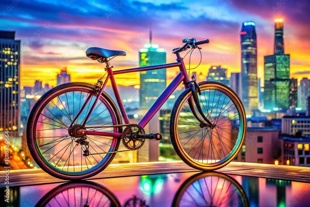 Fototapeta premium Futuristic bicycle design on a vibrant cityscape background showcasing innovation and technology