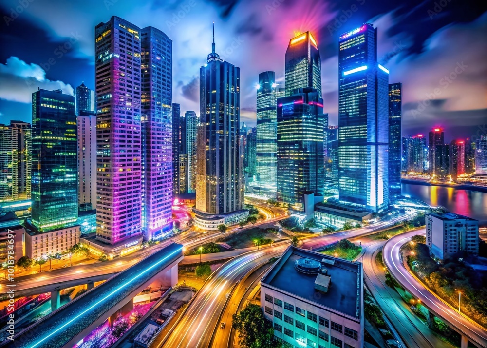 Futuristic Cityscape at Night with Neon Lights and Advanced Architecture in a Modern Urban Environment