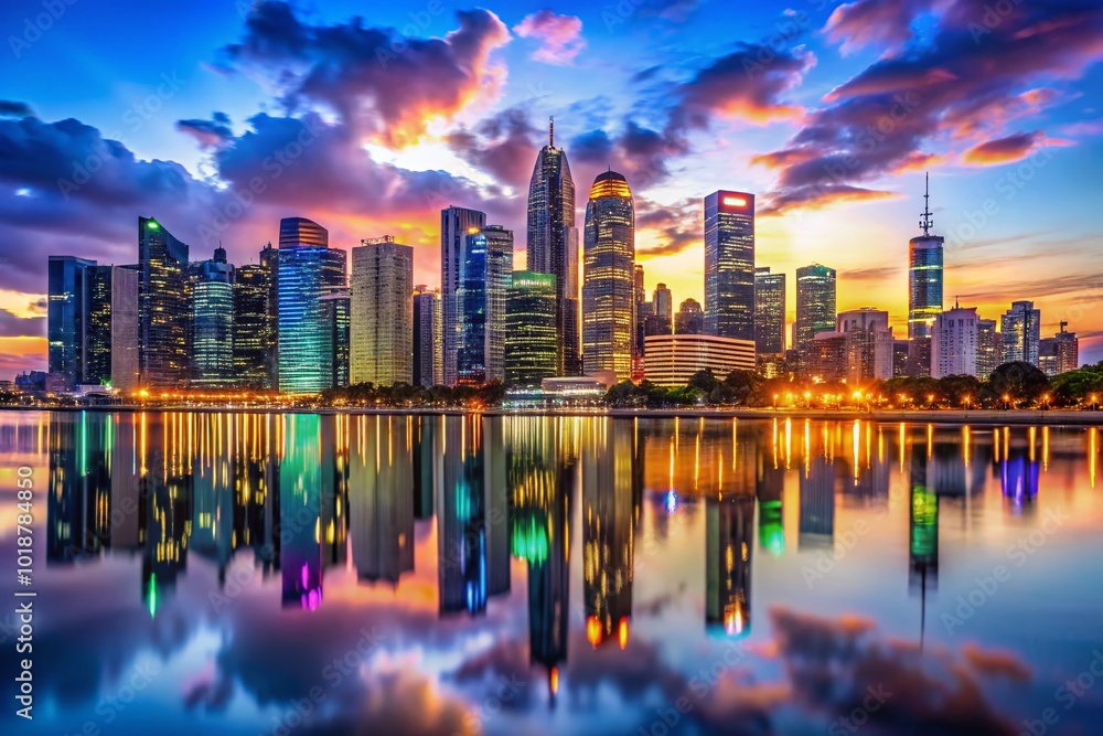 Futuristic city skyline at dusk with vibrant neon lights reflecting on glass skyscrapers and water Futuristic city skyline at dusk with vibrant neon lights reflecting on glass skyscrapers and water