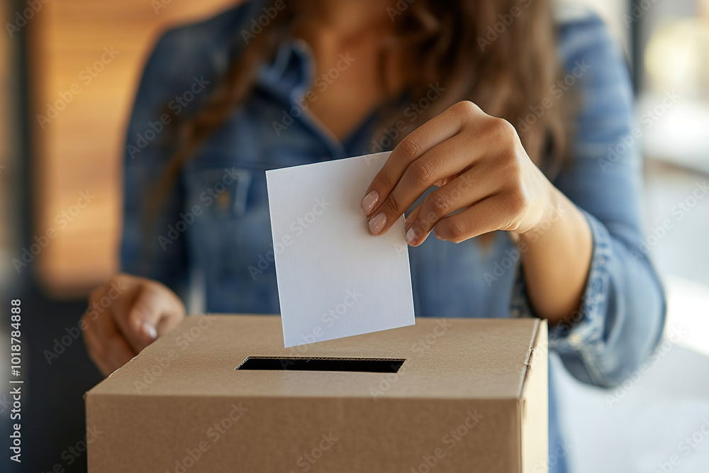 Female hand putting vote into ballot box, closeup Female hand putting vote into ballot box, closeup