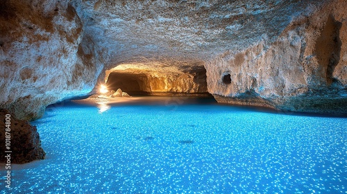 Illuminated cave with turquoise water and reflections.