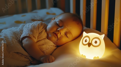 A baby sleeping peacefully in a crib with a glowing owl-shaped nightlight nearby. photo