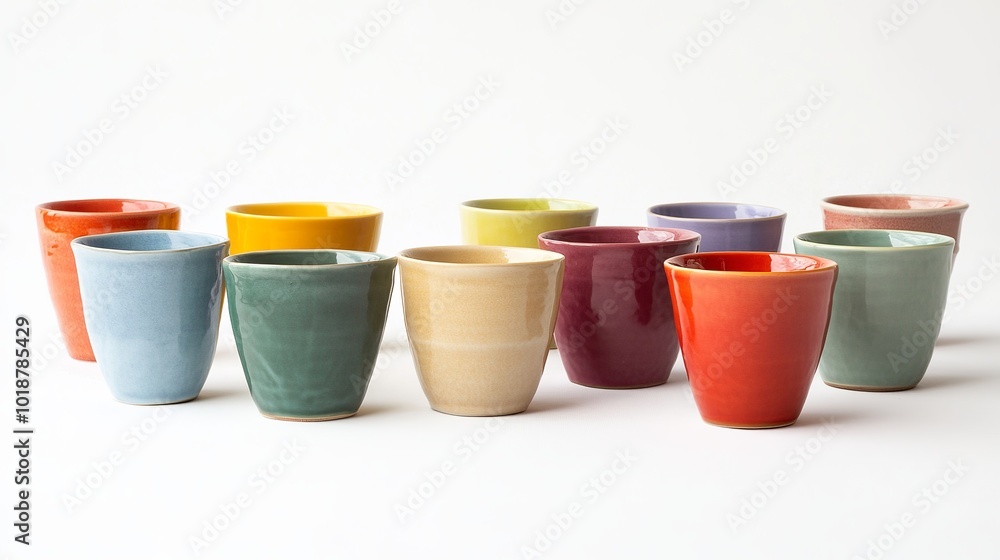 Vibrant cups in various colors against a crisp white backdrop, capturing their vivid hues and clean lines. Vibrant cups in various colors against a crisp white backdrop, capturing their vivid hues and clean lines.