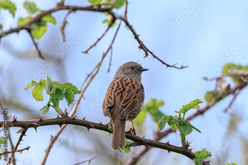 Dunnock Prunella modularis bird singing during Springtime