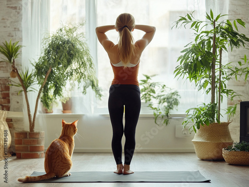 Woman Practicing Yoga at Home with Cat, Peaceful Indoor Yoga Session, Morning Stretch, Mindfulness and Fitness Routine, Cozy Home Yoga Space, Relaxing with Pets, Indoor Plants, Wellness and Serenity photo