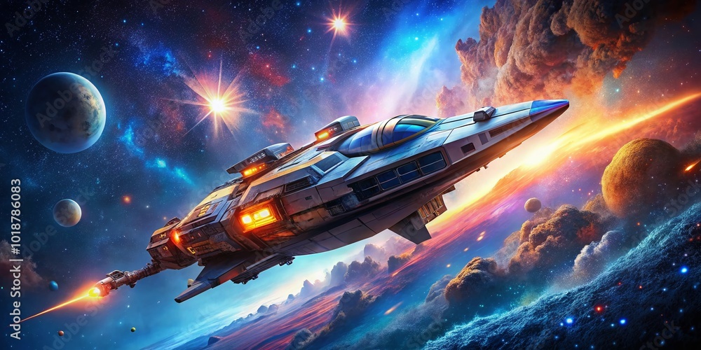 Futuristic Sci-Fi Spaceship Exploring the Depths of the Galaxy Against a Starry Cosmic Background Futuristic Sci-Fi Spaceship Exploring the Depths of the Galaxy Against a Starry Cosmic Background