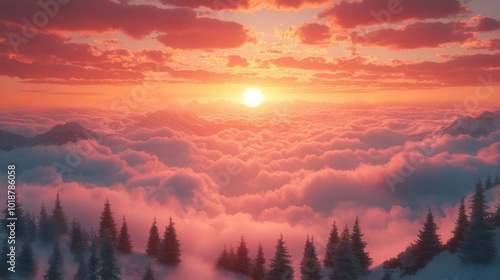 A breathtaking sunset over misty mountains and vibrant clouds in a winter landscape with evergreens during golden hour