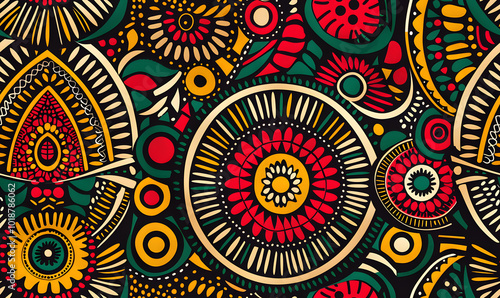african tribal seamless geometric pattern with colorful shapes and intricate mandala designs
