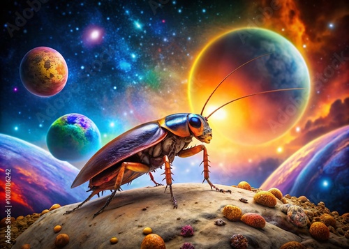 Futuristic Space Cockroach Exploring an Alien Planet with Colorful Nebula and Stars in Background photo