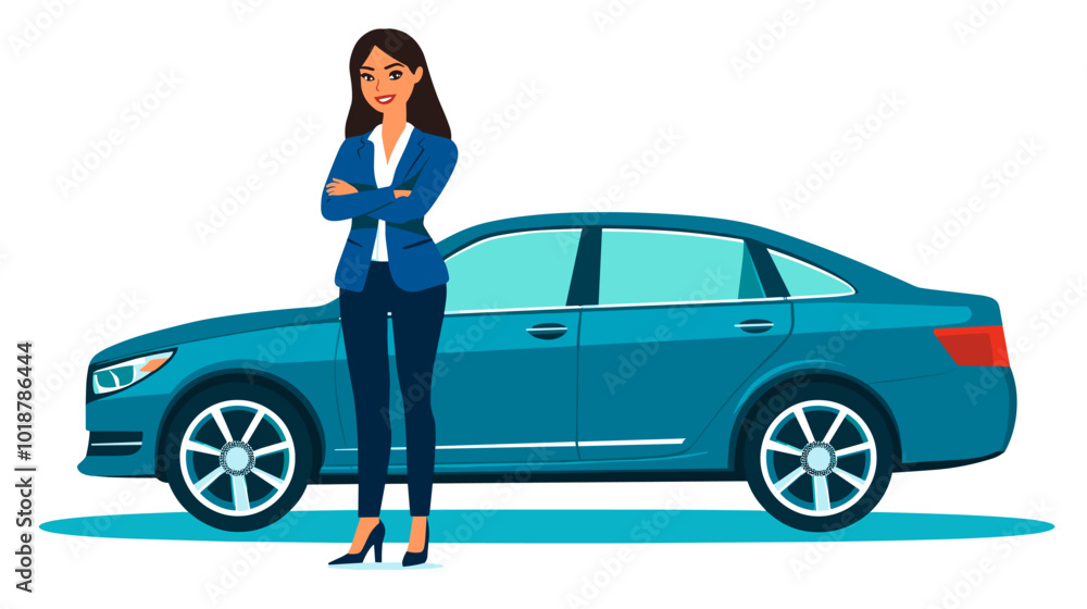 vector girl standing near car .Generative AI