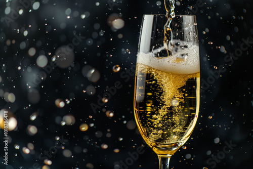 Primer plano de champán siendo servido en una copa tipo flauta con burbujas y espuma. Fondo oscuro con efectos de luz bokeh. Concepto de celebración y lujo.
