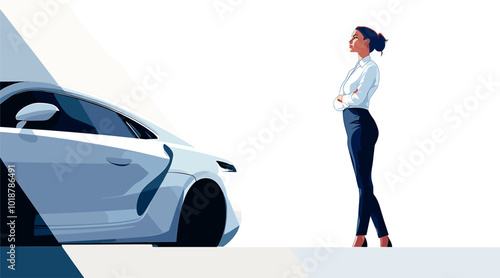vector girl standing near car .Generative AI