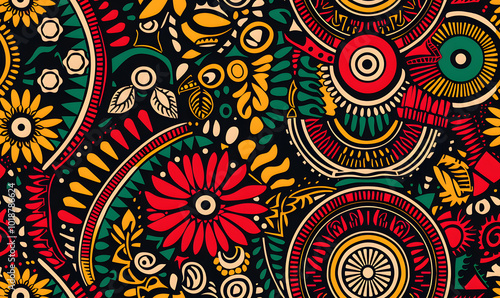 african tribal seamless geometric pattern with colorful shapes and intricate mandala designs