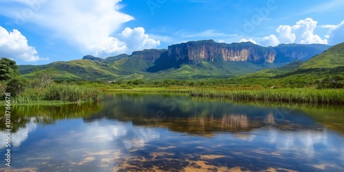 A beautiful lake with mountains in the background. The water is calm and still, reflecting the surrounding landscape. Concept of tranquility and serenity