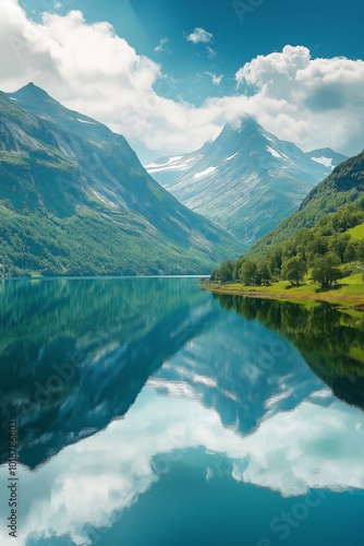 A beautiful mountain lake with a reflection of the mountains in the water. The sky is clear and the mountains are covered in snow. The scene is peaceful and serene, with the water