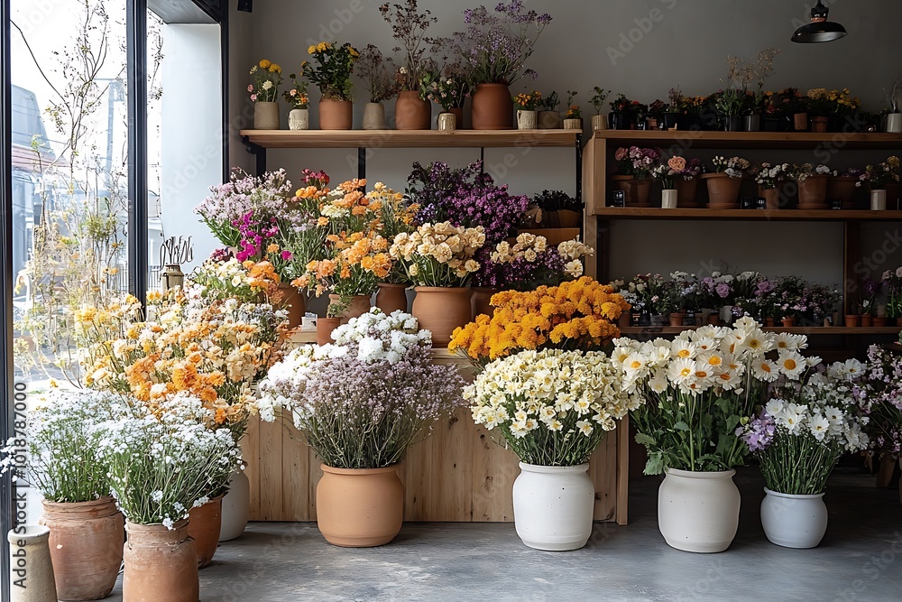 Fototapeta premium A bright flower shop with a variety of fresh flowers