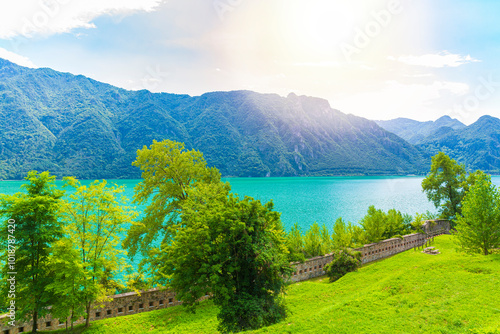 Sightseeing at the beautiful landscape of lake Idro Rocca d'Anfo Italy, ruins of a old bunker photo