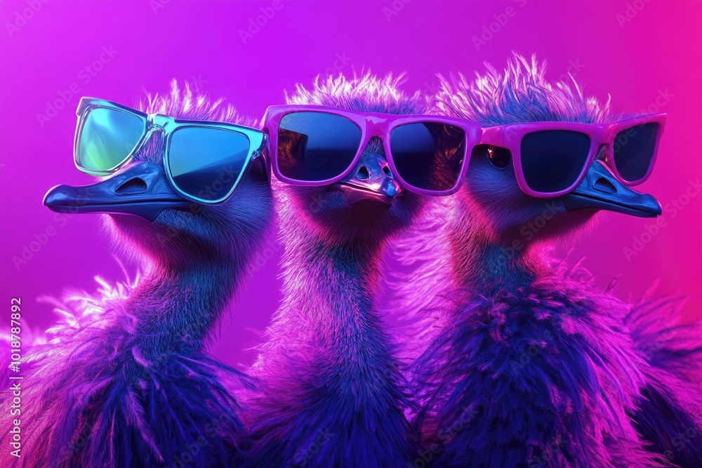 Three ostriches with sunglasses on their heads, a funny and unique scene Three ostriches with sunglasses on their heads, a funny and unique scene
