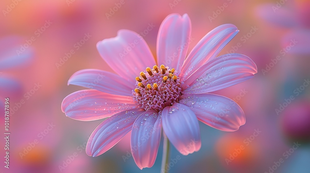 Obraz premium A close-up view of a delicate pink flower surrounded by soft pastel colors during the golden hour of late afternoon