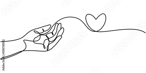 One continuous single line drawing of hand give love isolated on white background minimalism design, Caring Continuous Line Icon, Hand holding heart continuous one line drawing. Love concept. Vector