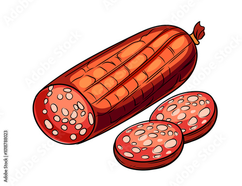 Sliced and whole salami, perfect for food packaging or restaurant menus. Ideal for illustrating charcuterie boards or meat products. Vector illustration hand drawn colored sketch design