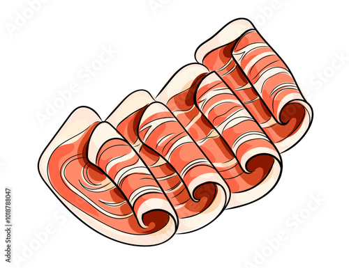 Bacon strips with crispy edges, hand drawn colorful sketch design, breakfast promotions, or culinary-themed designs. Vector illustration isolated on white background