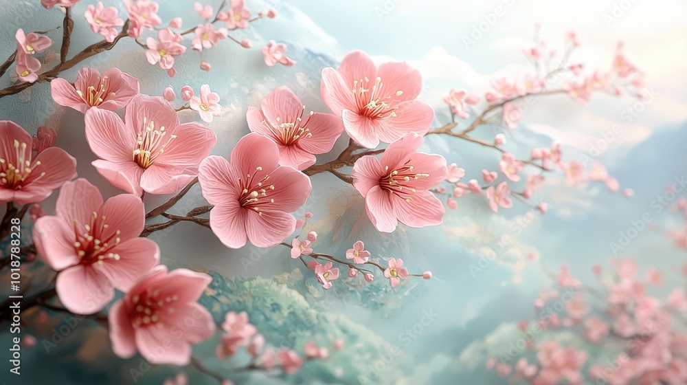 Fototapeta premium Delicate pink cherry blossoms in full bloom against a tranquil mountain backdrop during springtime