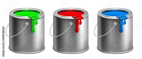 Steel cans with paint. Vector 3D clipart isolated on white background.