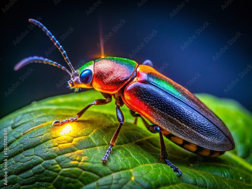 Fototapeta premium Glowing Click Beetle on Leaf in Nature, Bioluminescent Insect Illuminating the Darkness at Night