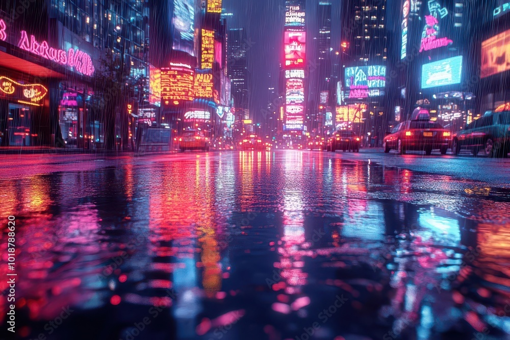 mesmerizing urban reflections in rainsoaked city street neon lights and skyscrapers create kaleidoscopic patterns in puddles moody nighttime ambiance mesmerizing urban reflections in rainsoaked city street neon lights and skyscrapers create kaleidoscopic patterns in puddles moody nighttime ambiance