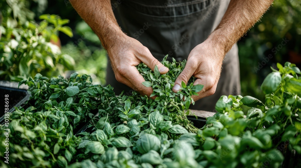 A close-up of a man harvesting fresh herbs from his kitchen garden, showcasing the freshness and natural ingredients for vegan cooking. A close-up of a man harvesting fresh herbs from his kitchen garden, showcasing the freshness and natural ingredients for vegan cooking.