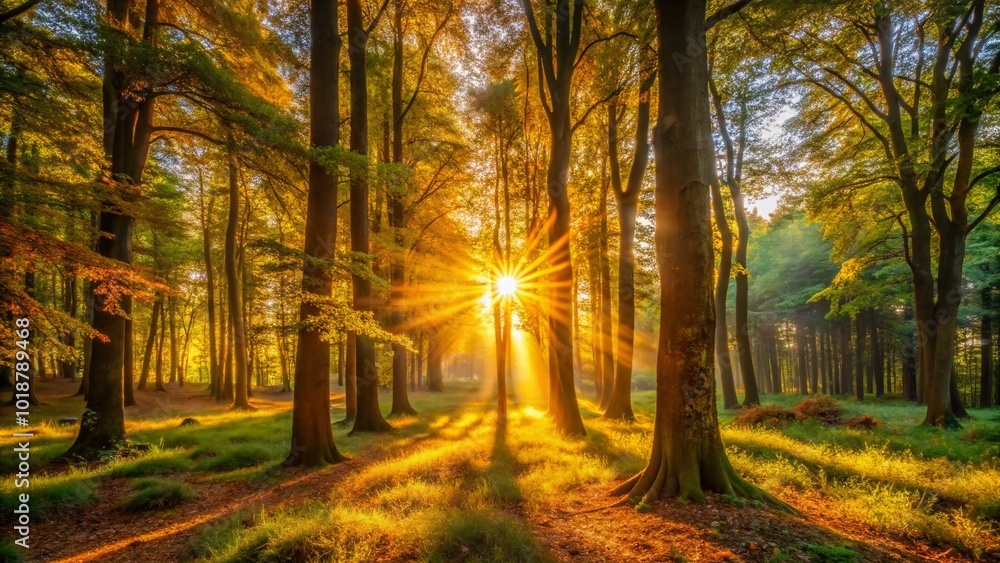 Golden Light Shining Through Trees Creating a Warm and Inviting Nature Scene in a Forest Golden Light Shining Through Trees Creating a Warm and Inviting Nature Scene in a Forest