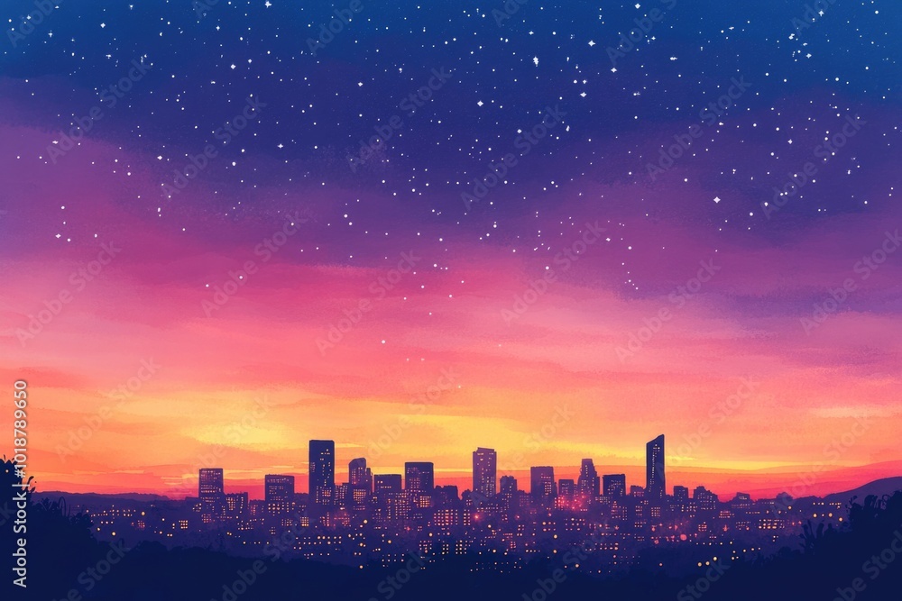A nighttime city view with twinkling stars in the sky, ideal for use as a background or for urban-themed projects A nighttime city view with twinkling stars in the sky, ideal for use as a background or for urban-themed projects