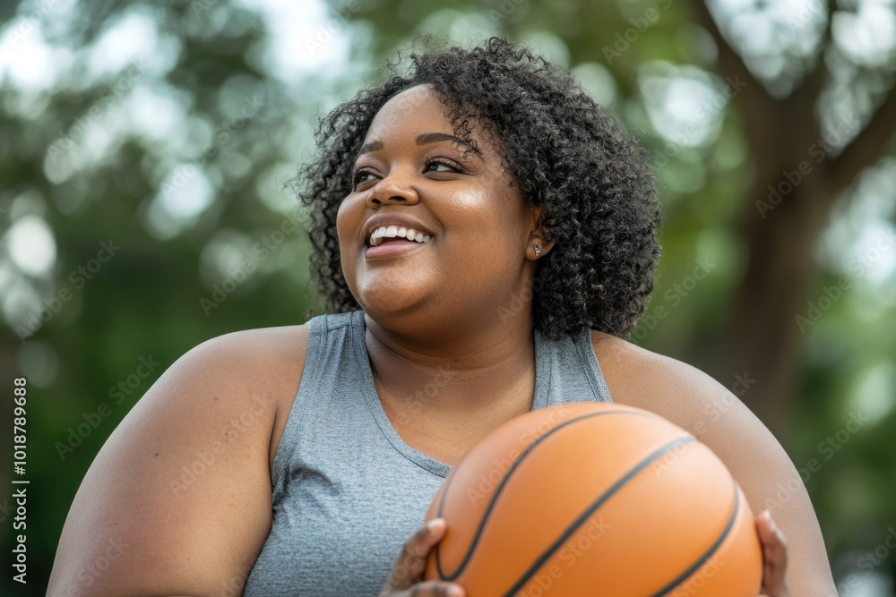 A woman holds a basketball in her hands, ready to play or shoot A woman holds a basketball in her hands, ready to play or shoot