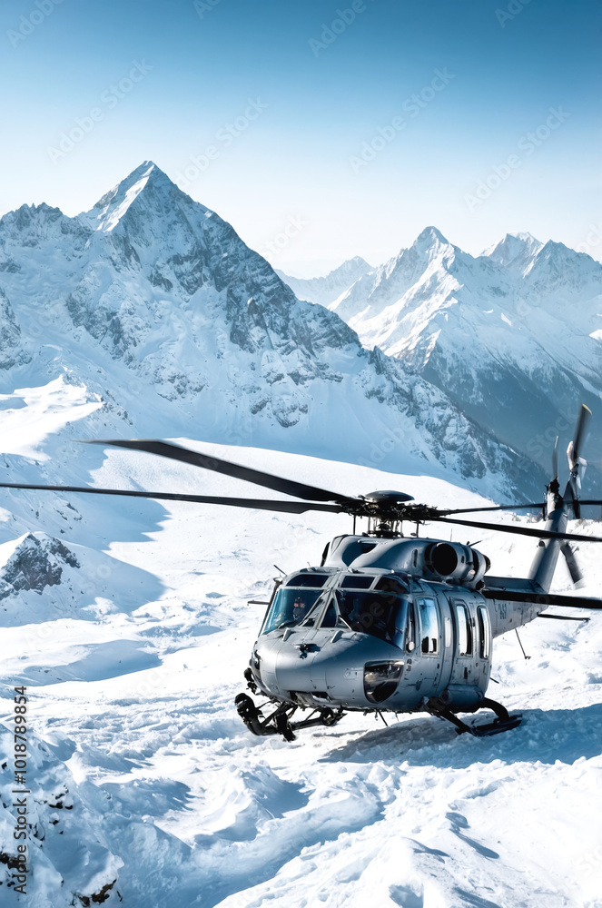 Obraz premium Military helicopter landing in snowy mountain range during winter mission