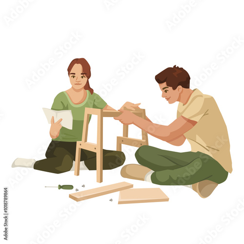 A couple assembling a wooden chair, in a relaxed indoor setting. Vector illustration