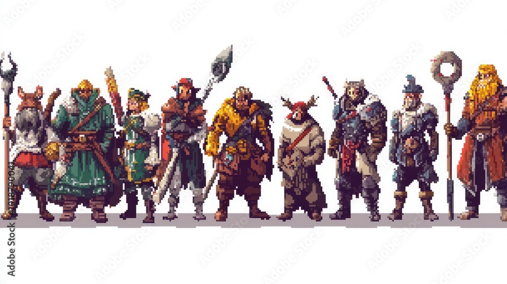 A collection of 8-bit fantasy characters, each depicted in pixelated form against a white backdrop, emphasizing retro gaming aesthetics. A collection of 8-bit fantasy characters, each depicted in pixelated form against a white backdrop, emphasizing retro gaming aesthetics.
