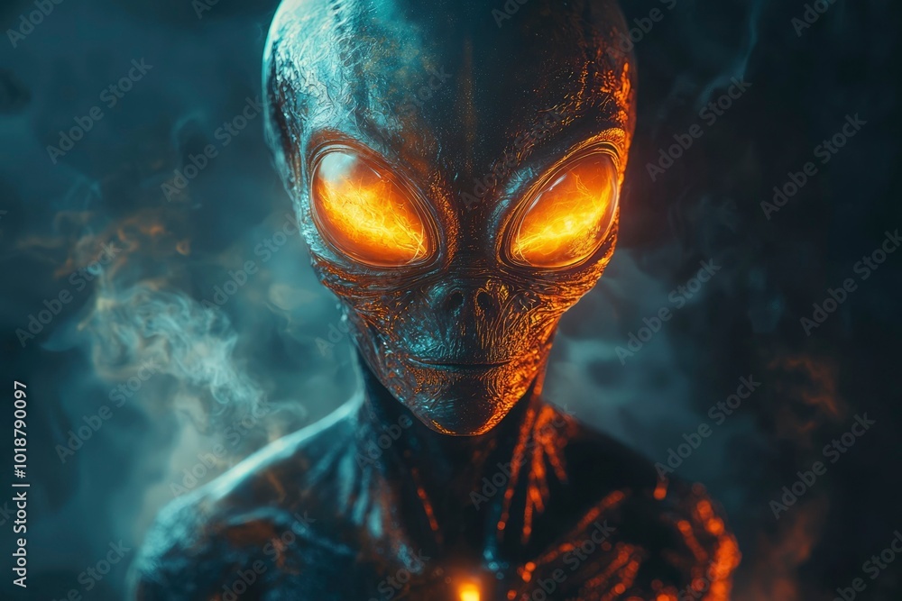 A Close-Up Portrait of an Alien with Glowing Eyes in a Smoky Atmosphere A Close-Up Portrait of an Alien with Glowing Eyes in a Smoky Atmosphere