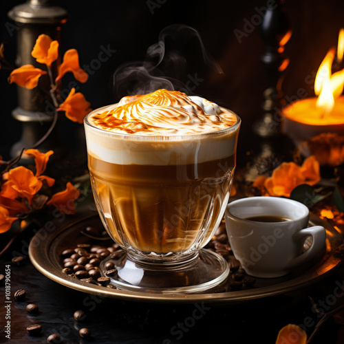 Gourmet Caramel Latte with Whipped Cream in Cozy Setting
 photo