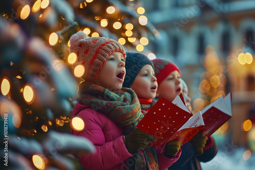 children sing carols near the Christmas tree on the street of the city at nigh