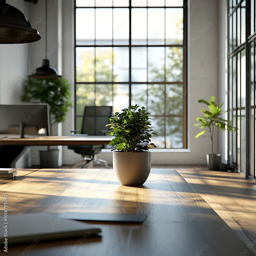 Fototapeta premium A modern office space featuring a wooden table, potted plants, and large windows allowing natural light.