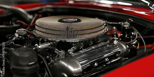 Classic car engine showcasing polished chrome and air filter