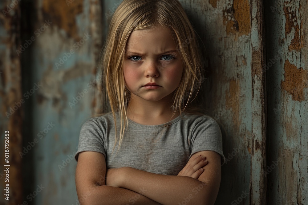 A young girl standing against a wall with her arms crossed, looking relaxed A young girl standing against a wall with her arms crossed, looking relaxed