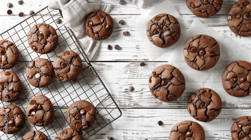 A tray of chocolate chip cookies is displayed on a white table