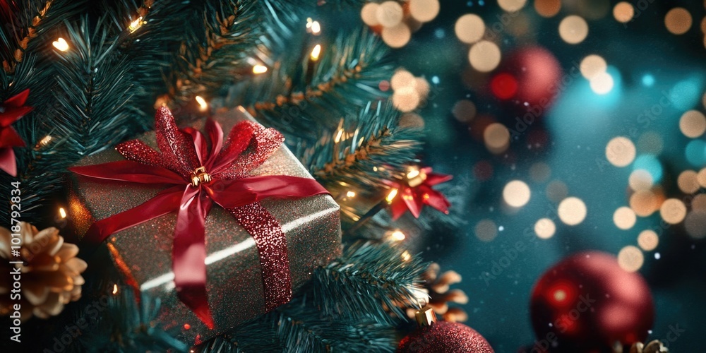 A festive Christmas tree decorated with a beautifully wrapped gift, perfect for holiday advertising or personal use A festive Christmas tree decorated with a beautifully wrapped gift, perfect for holiday advertising or personal use