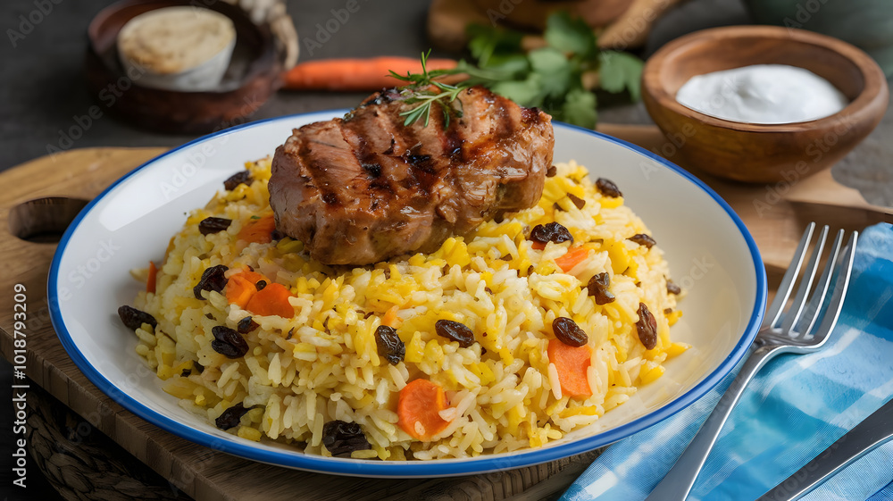 A plate of Bukhari rice made with long-grain basmati, cooked with spices, raisins, and carrots. Light, fluffy, and vibrant yellow, served with tender grilled meat on top.
A plate of Bukhari rice made with long-grain basmati, cooked with spices, raisins, and carrots. Light, fluffy, and vibrant yellow, served with tender grilled meat on top.
